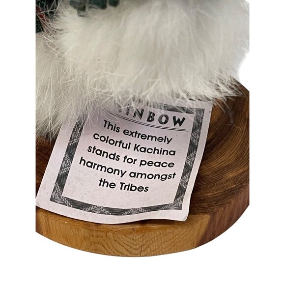 Handcrafted Rainbow Kachina Doll With Feather Headdress & Wooden Base - Picture 3 of 15